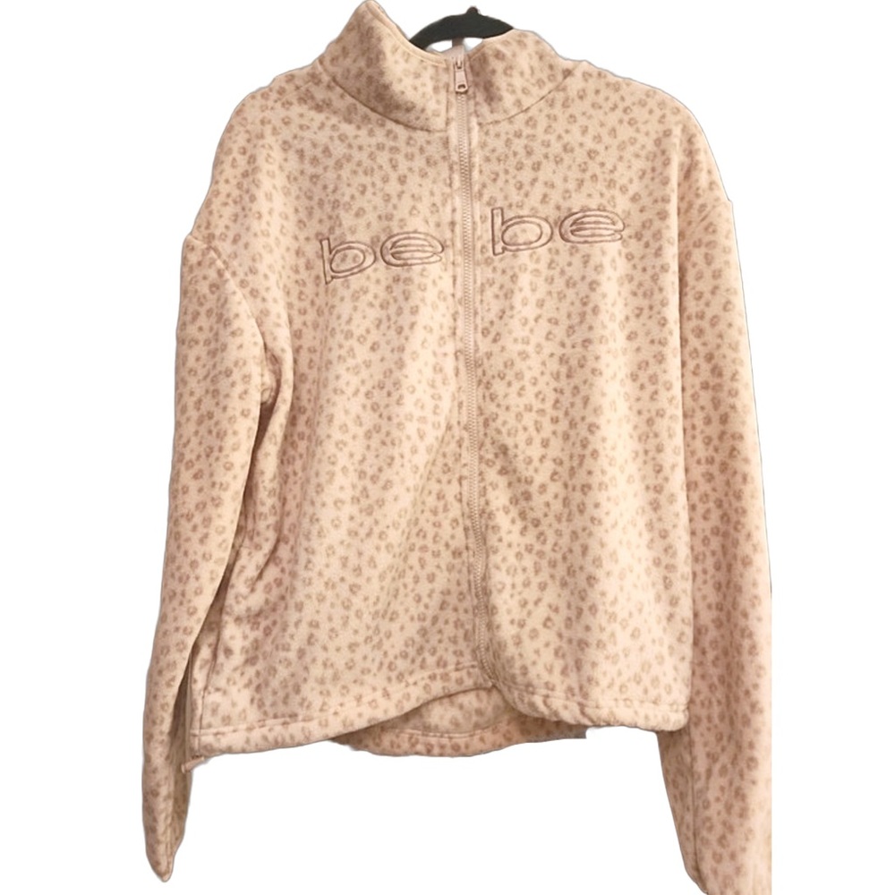Bebe NWT Polar Fleece Leopard Full Zip Jacket Ivory Super Soft Sz Large